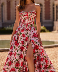 Sherri Hill Strapless Floral Gown With Corset Bodice in pink print - women's dress - detail view