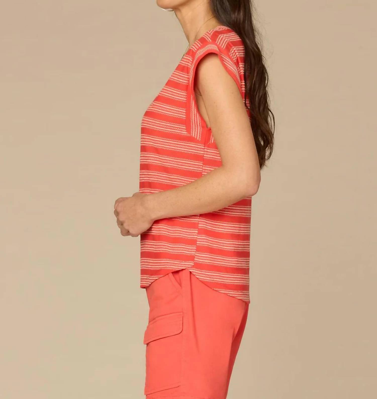 Democracy - Cap Sleeve Scoopneck Embroidered Stripe Knit Top