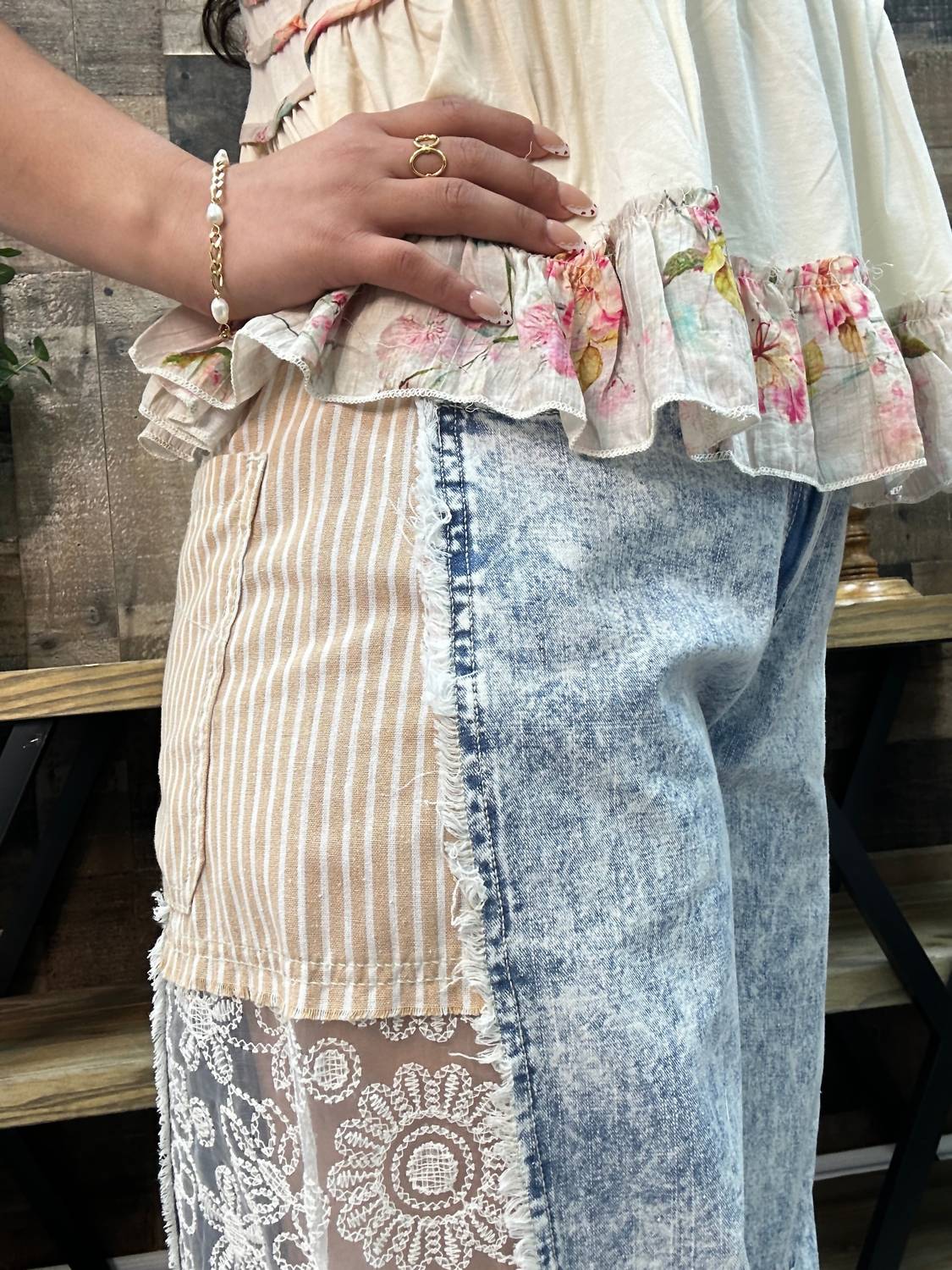 Pol - Lace & Stripe Barrel Leg Jean