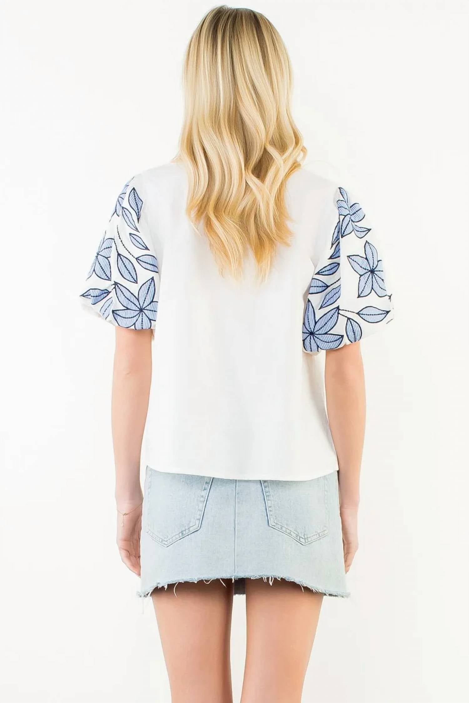 Thml - Puff Sleeve Floral Embroidery V-Neck Top