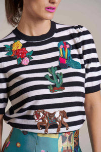 Maison Common - Short Sleeve Stripe Pullover With Embroidery