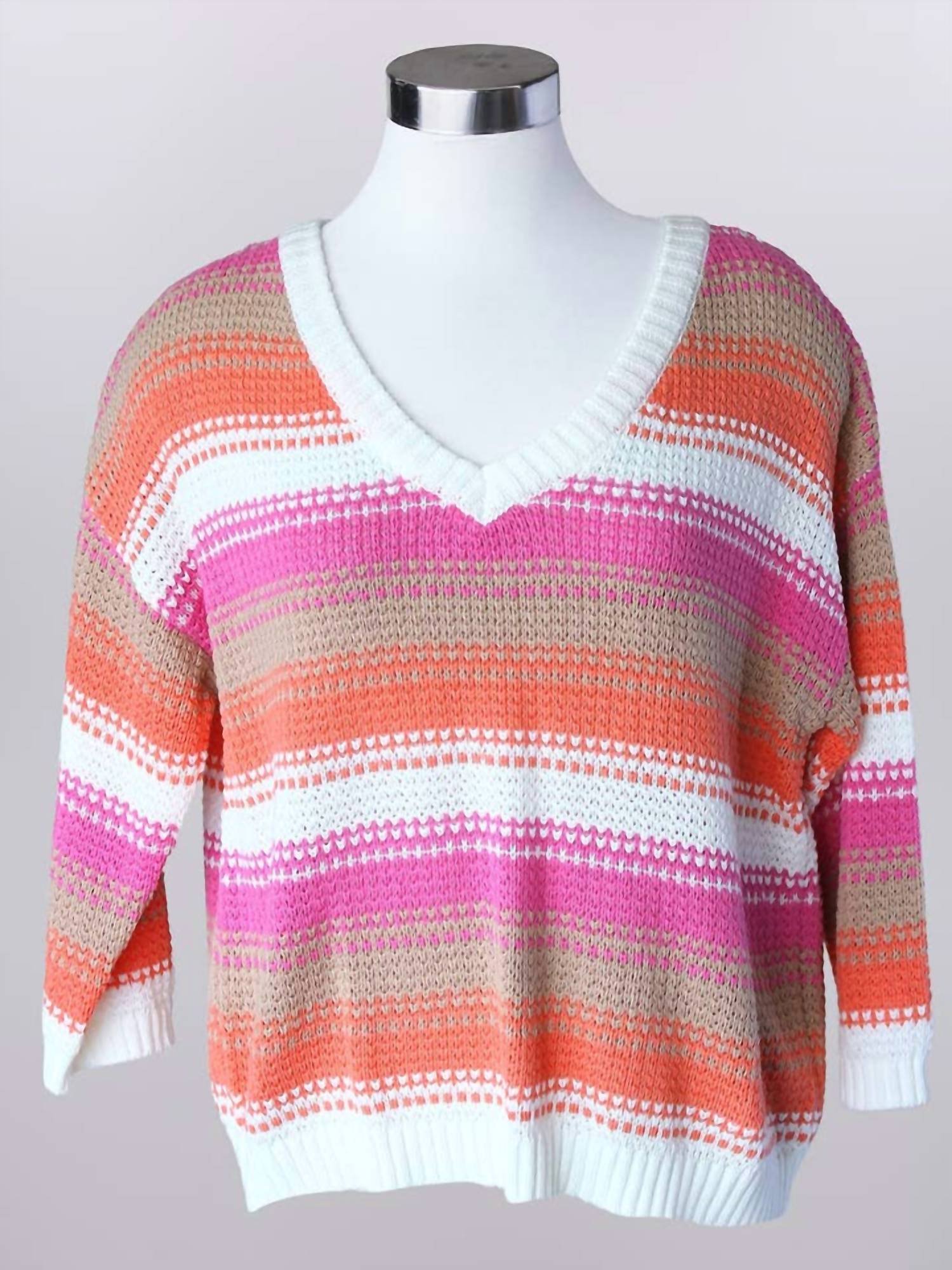 Keren Hart - Women's Knit V-neck Striped Sweater