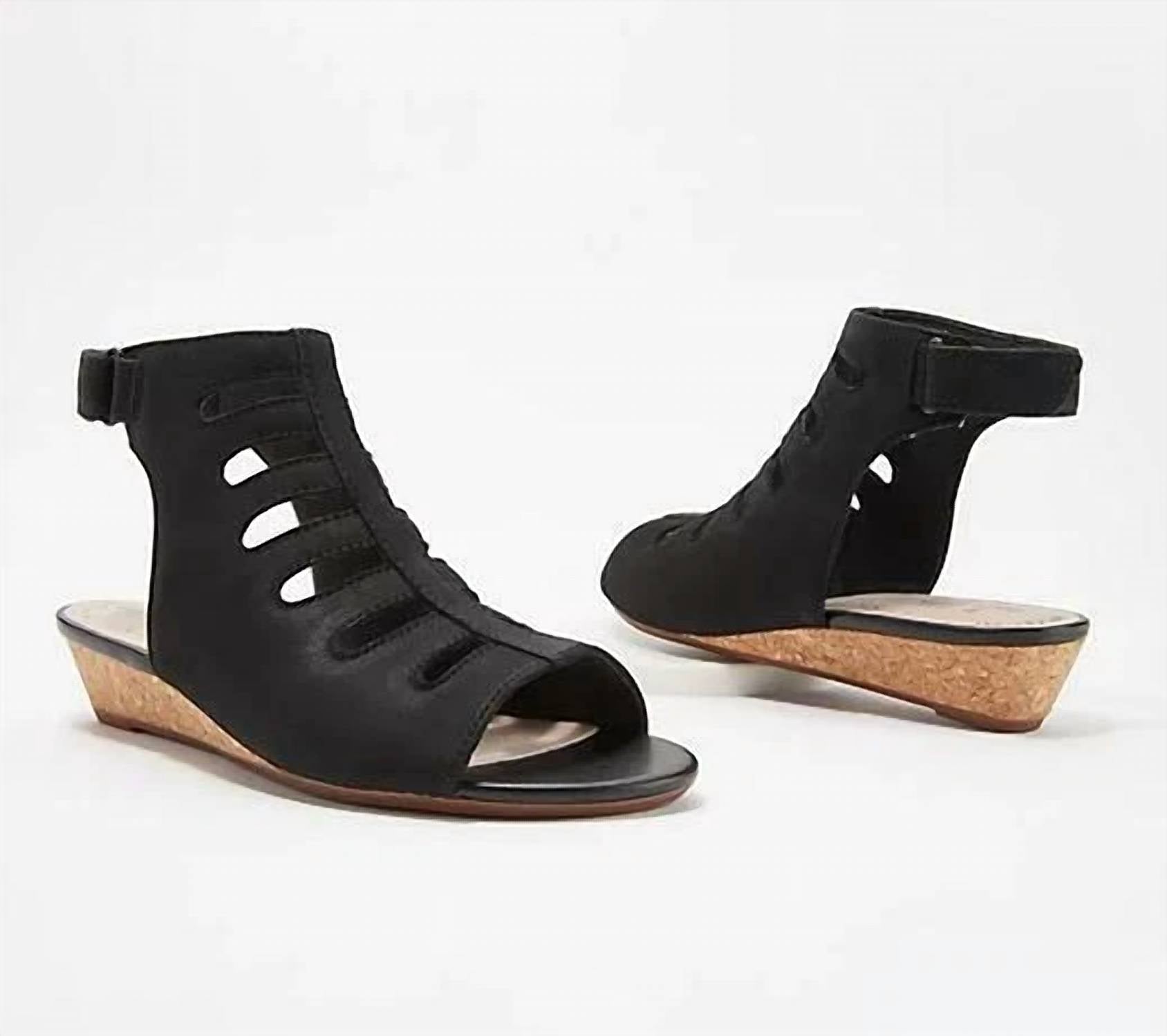 Clarks Women's Abigail Sling Wedge Sandal in black nubuck - women's sandal - detail view