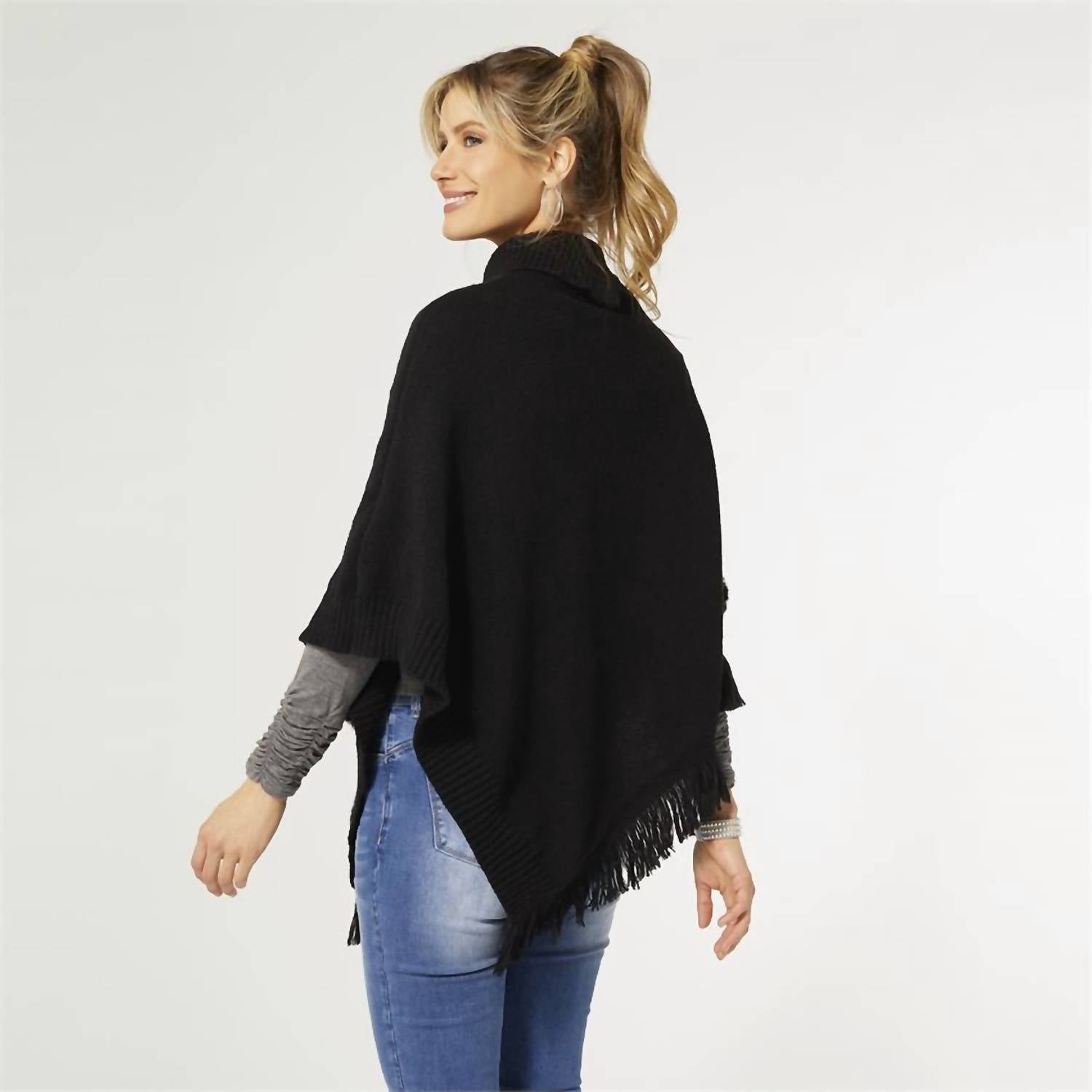 COCO + CARMEN Bellarose Poncho With Faux Fur in black - women's sweater - alternate view