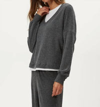 Michael Stars Salma Brushed Waffle Long Sleeve V Neck Top in charcoal - women's long sleeve top - alternate view