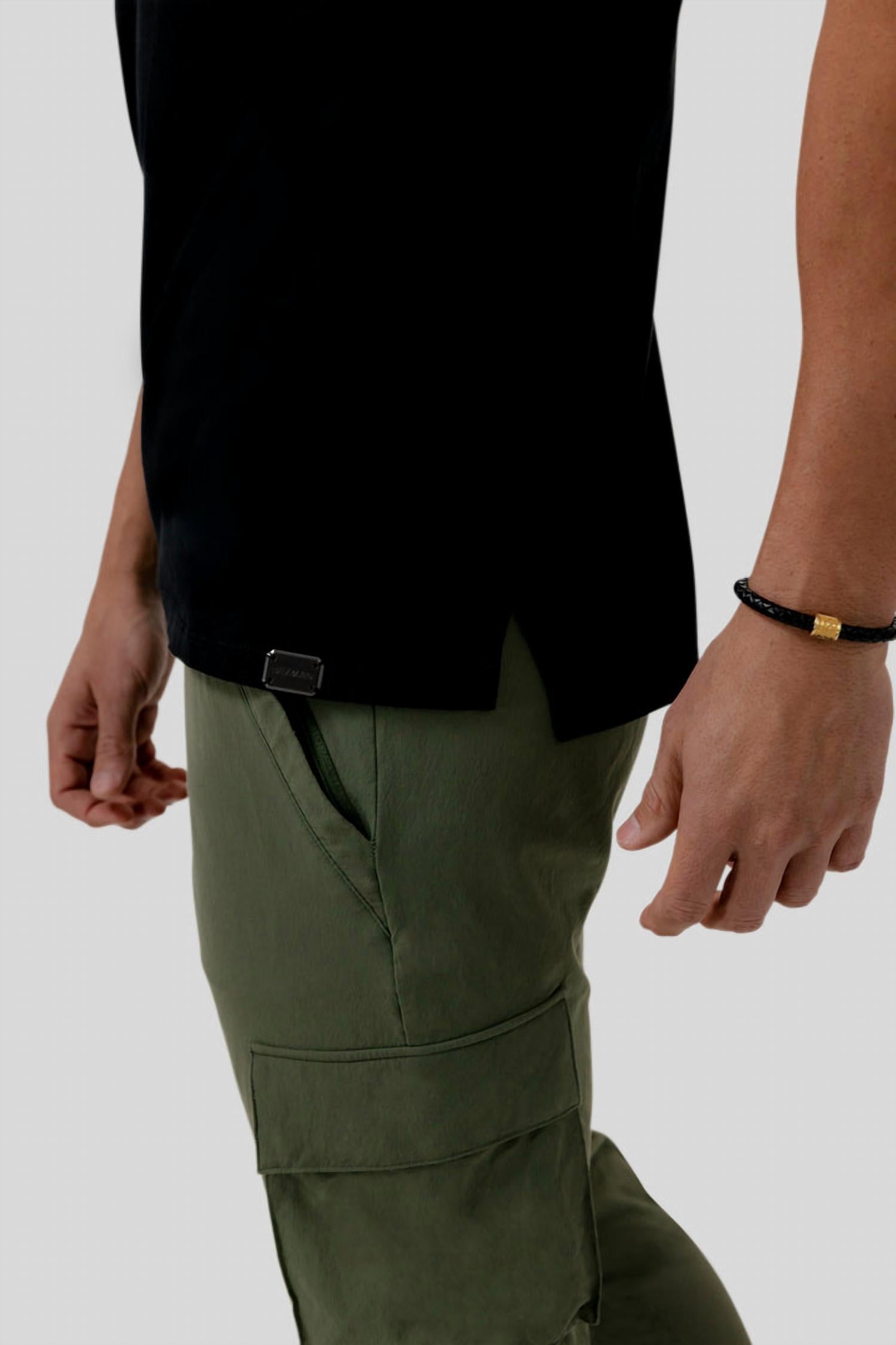 Dezman Crew Neck Split Hem Tee in black - men's long sleeve top - detail view