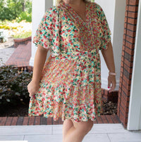 GiGiO Smocked V Neck Mini Dress in orange blossom - women's dress - detail view