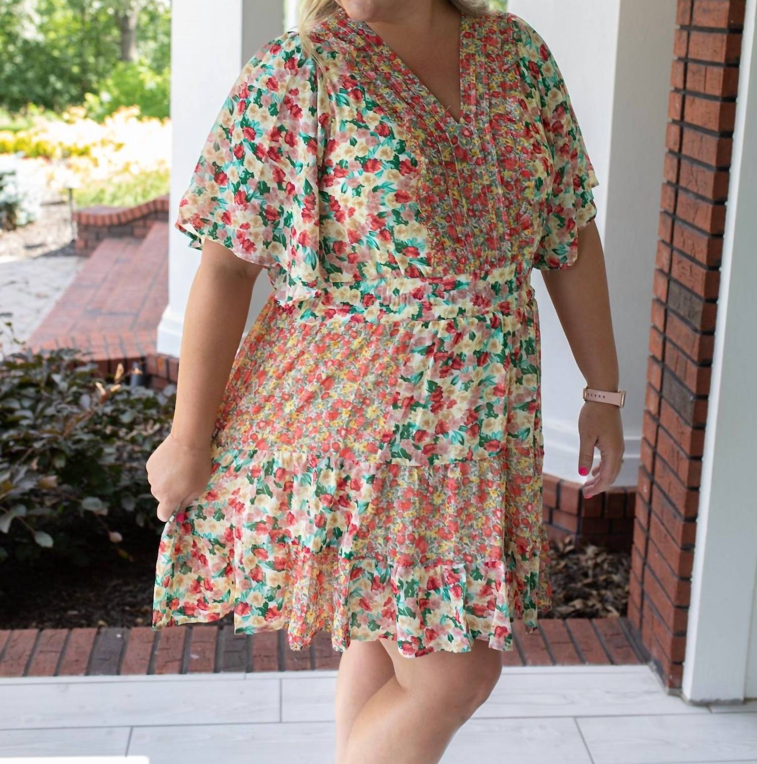 GiGiO Smocked V Neck Mini Dress in orange blossom - women's dress - detail view