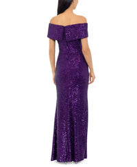 Xscape Off-the-shoulder Side-slit Sequin Gown in purple - women's dress - detail view