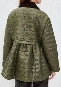 GANNI Shiny Quilted Midi Flare Jacket in kalamata - women's jacket - alternate view