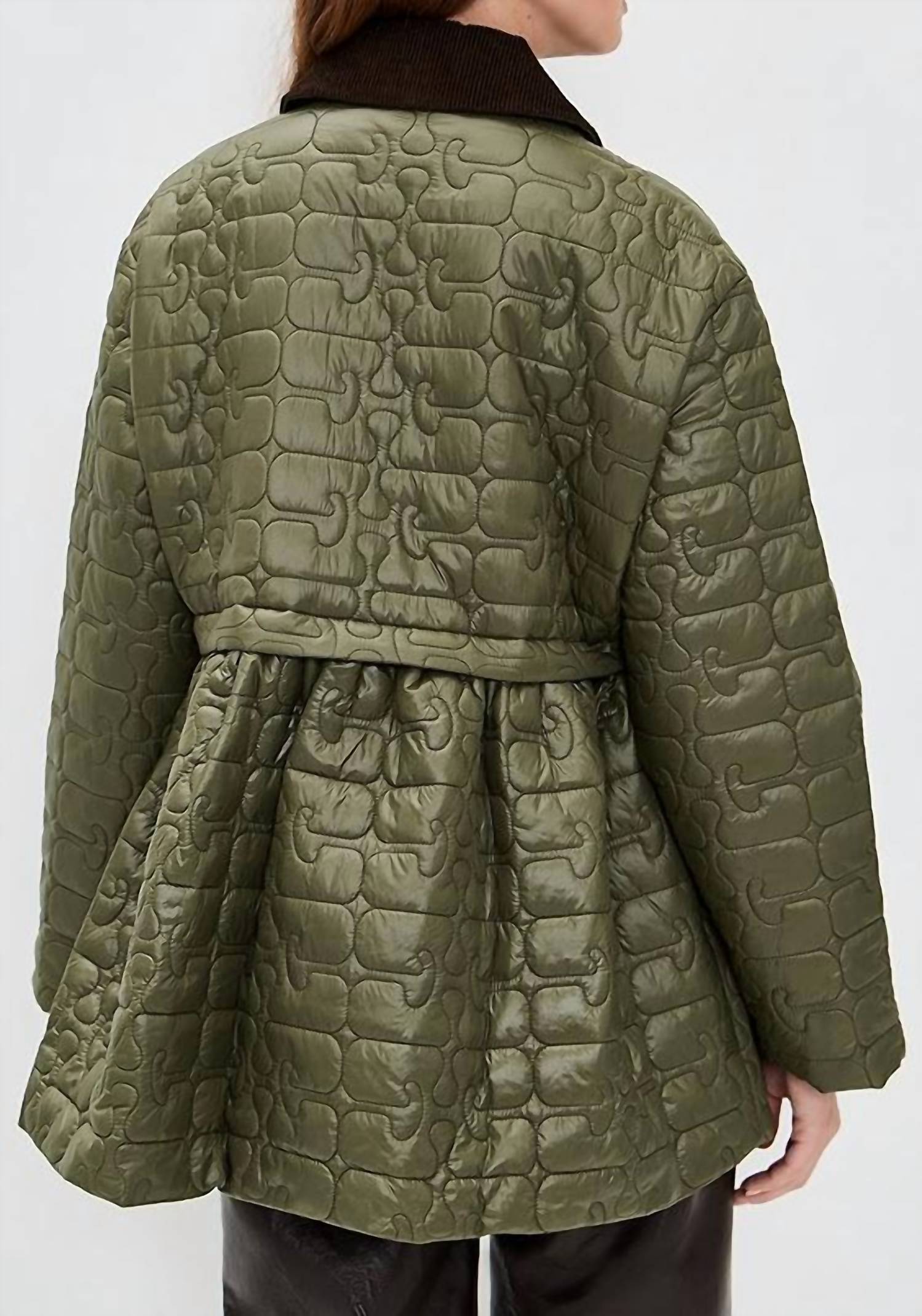 GANNI Shiny Quilted Midi Flare Jacket in kalamata - women's jacket - alternate view