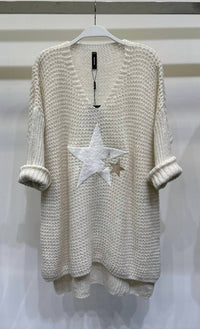 Venti6 Long Sleeve V Neck Tunic Sweater in white - women's sweater - detail view