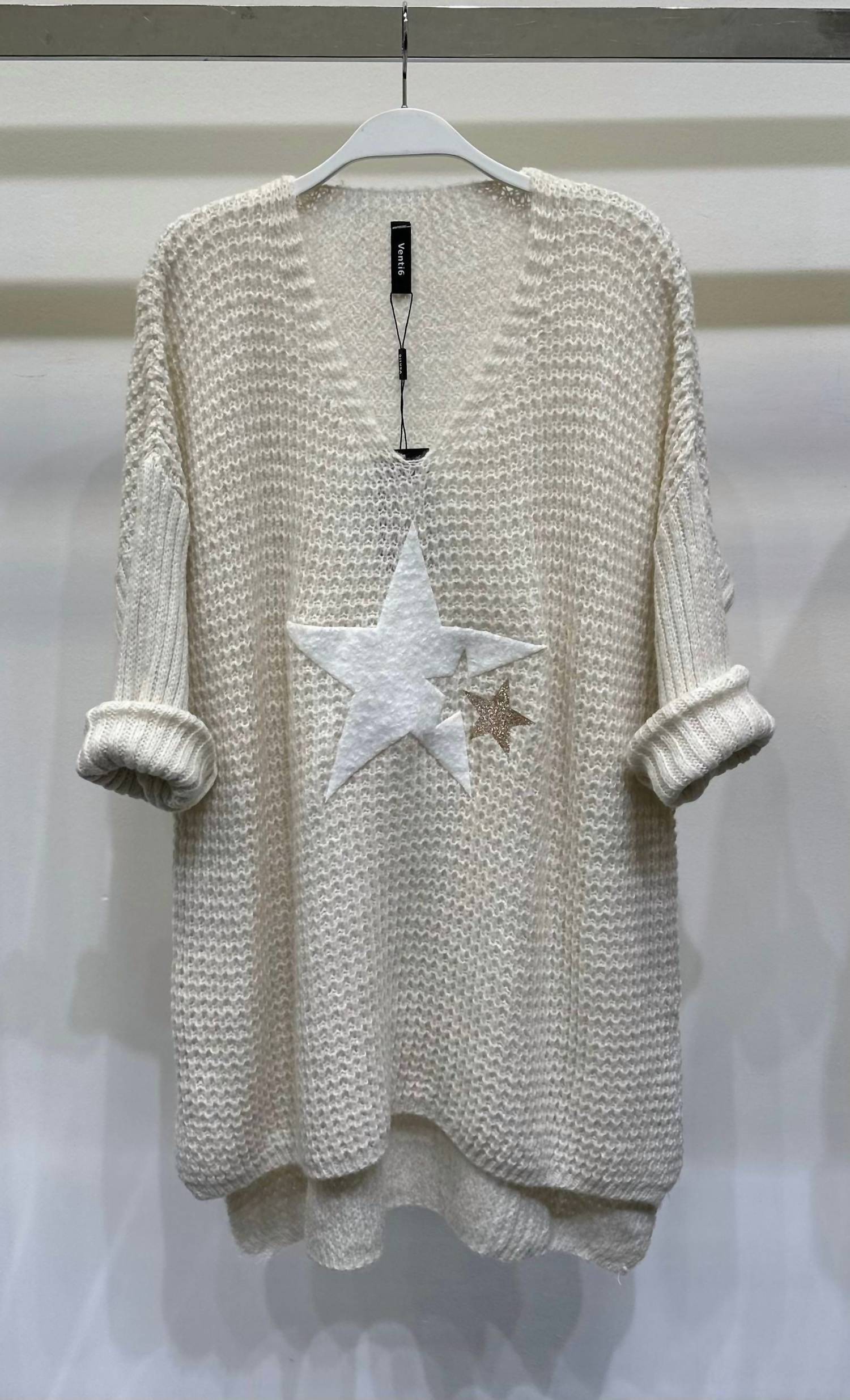 Venti6 Long Sleeve V Neck Tunic Sweater in white - women's sweater - detail view