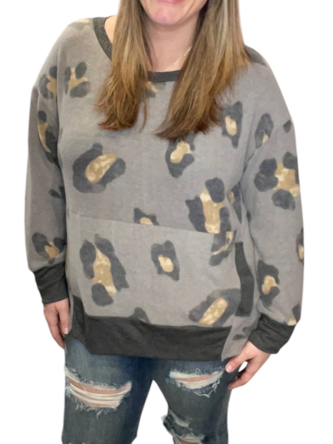 Honeyme - Leopard Kangaroo Pocket Sweater