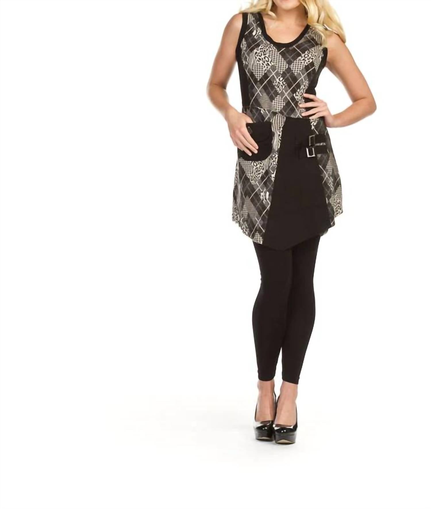 Papillon - Argyle/animal Print Sleeveless Patch Dress With Angle Hem