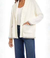 Karen Kane Contrast Stitch Open Front Cardigan Sweater in off white with navy - women's cardigan - view 4
