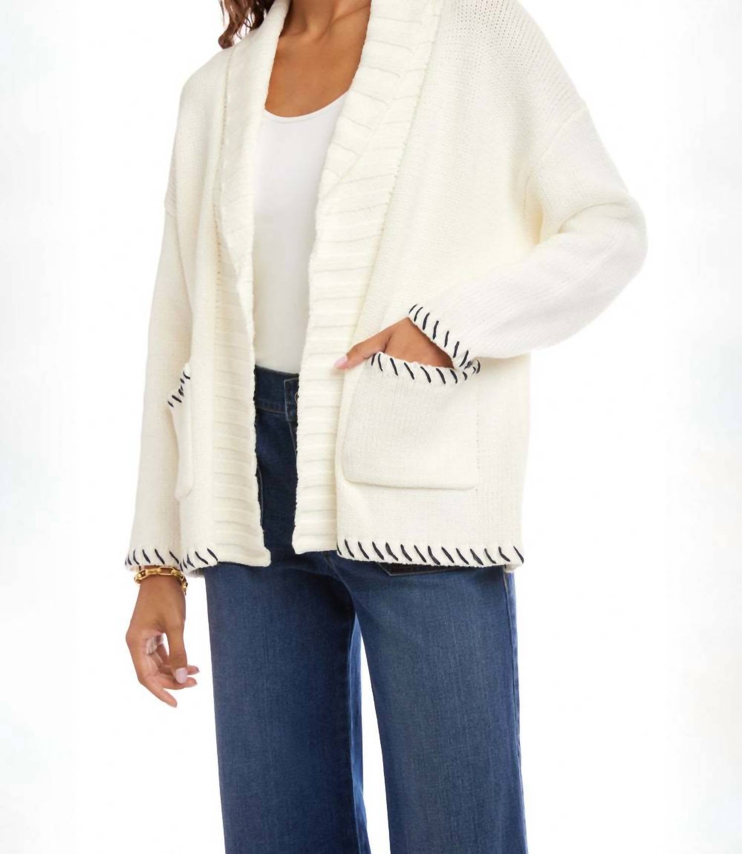 Karen Kane Contrast Stitch Open Front Cardigan Sweater in off white with navy - women's cardigan - view 4