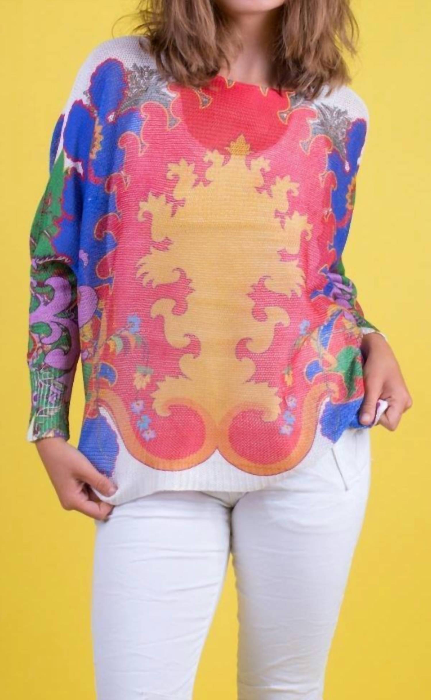 GIGI MODA Royal Print Emy Batwing Sweater in white - women's sweater