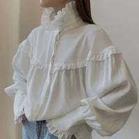 Hiddenbrand - French Lapel Lantern Sleeve Lace Design Shirt