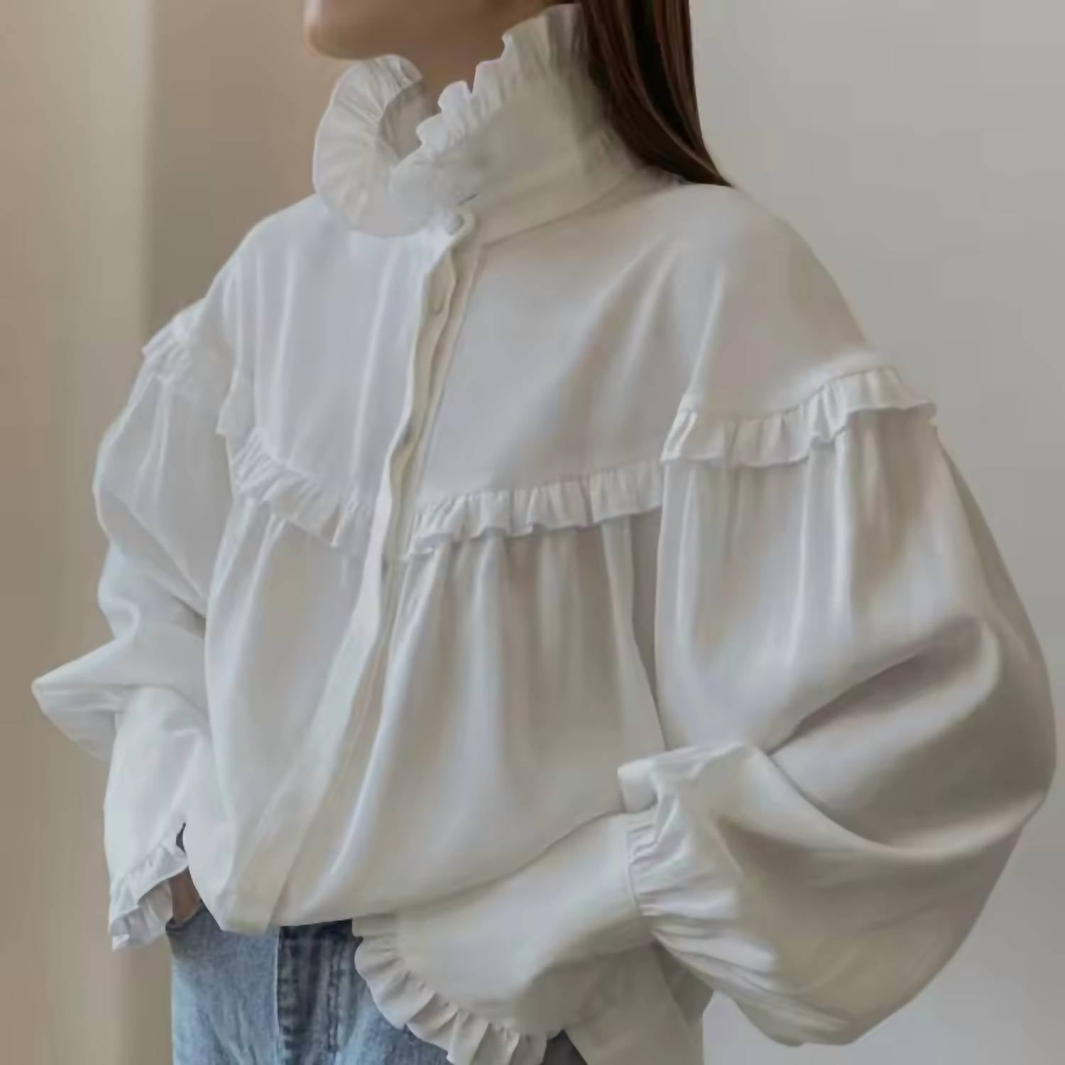 Hiddenbrand - French Lapel Lantern Sleeve Lace Design Shirt