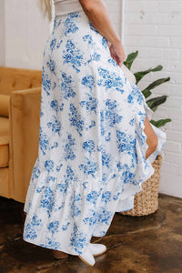 Rosa Clothing Ruffle High Silt Maxi Skirt in blue floral - women's skirt - detail view