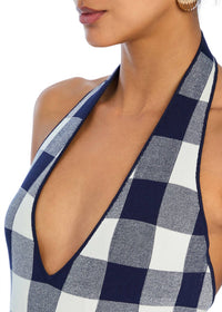 SER.O.YA Aro Halter Romper in bold navy gingham - women's pants - view 4