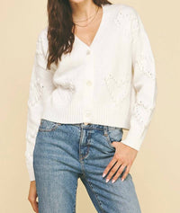 PINCH Heart Embroidered Knit Cardigan Top in white - women's cardigan