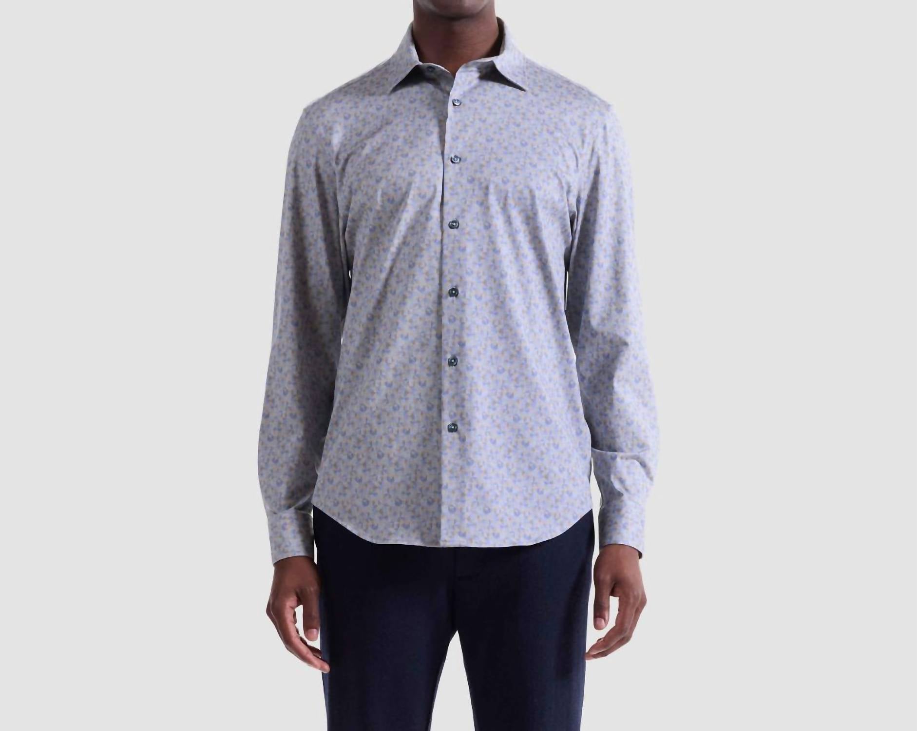 Bugatchi Uomo Geometric Print 8 Way Stretch Shirt in sand - men's shirt