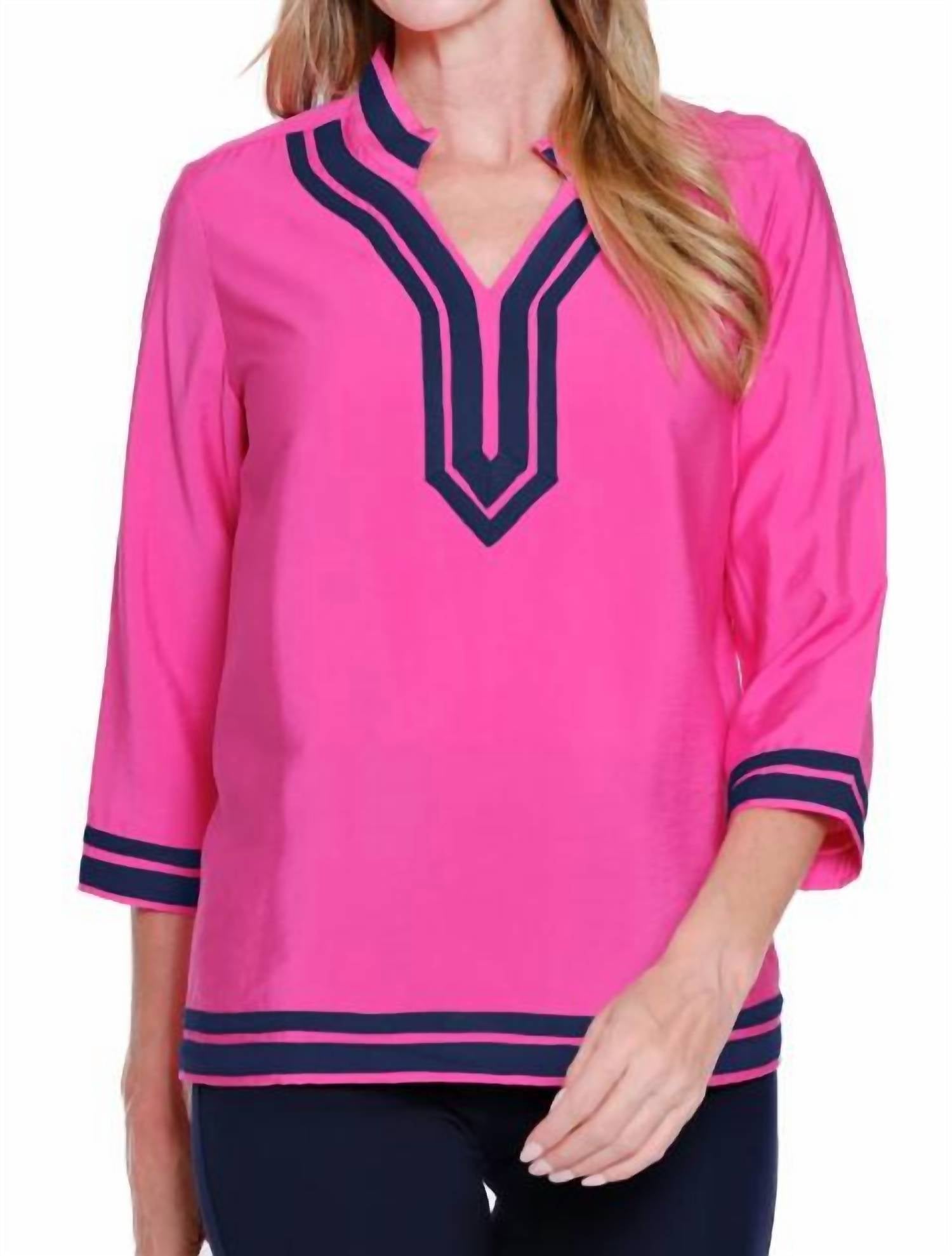 Multiples 3/4 Sleeve Notch Color With Trim Top in bright pink - women's blouse