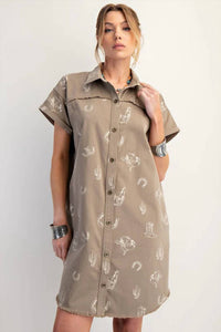 Easel - Western Printed Washed Twill Shirt Dress