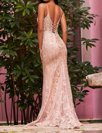 Sherri Hill V-neckline Gown in champagne - women's dress - detail view