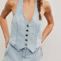 Mustard Seed Halter Neck Button Closure Vest Romper in icy denim - women's pants - view 6