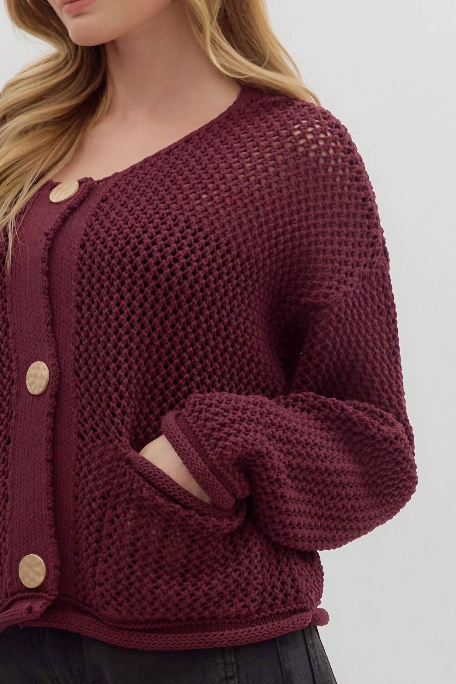 entro Sweater Knit Cardigan in burgundy - women's cardigan - detail view