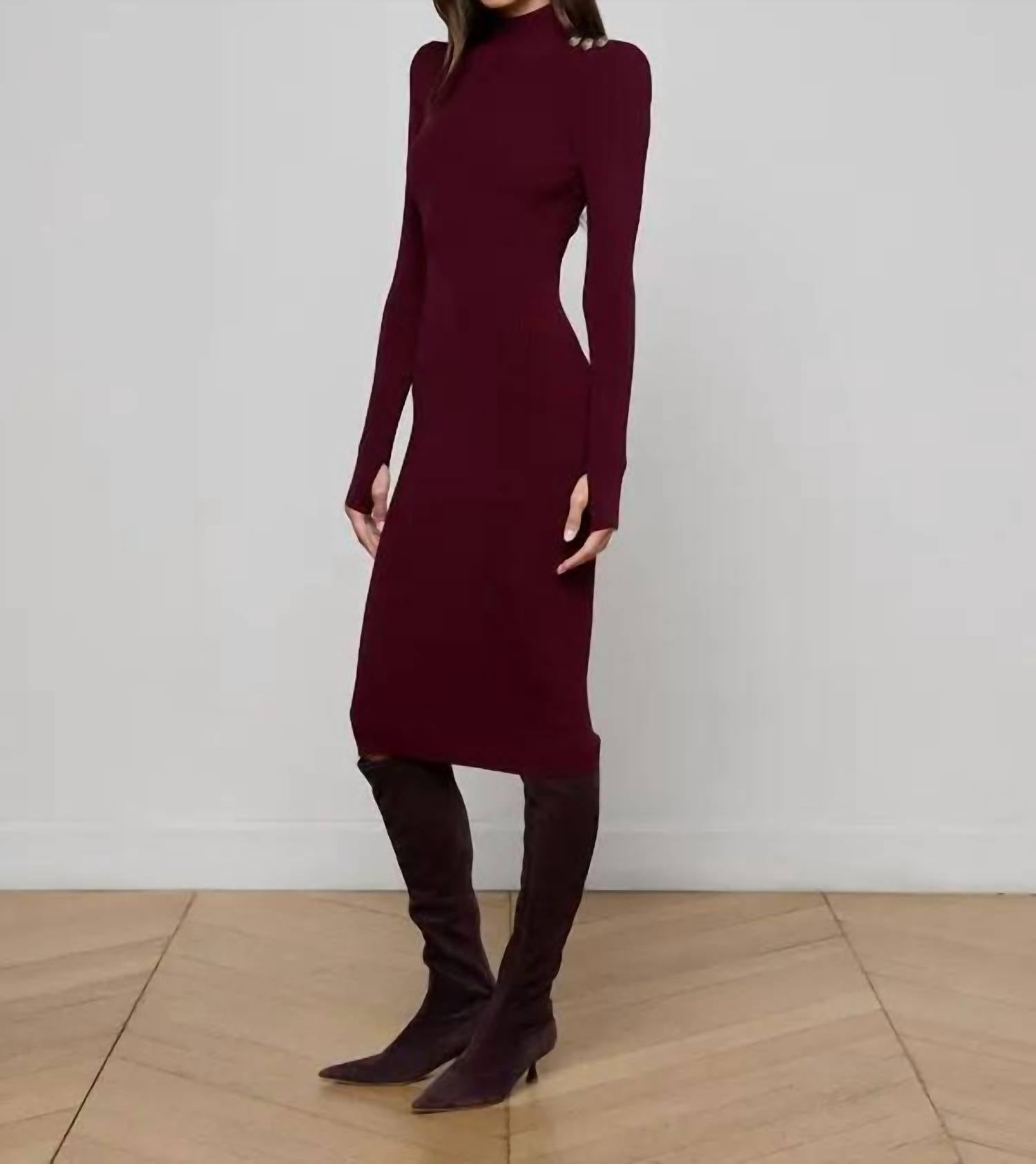 L'Agence Larelle Mockneck Dress in dark port gold - women's dress - detail view