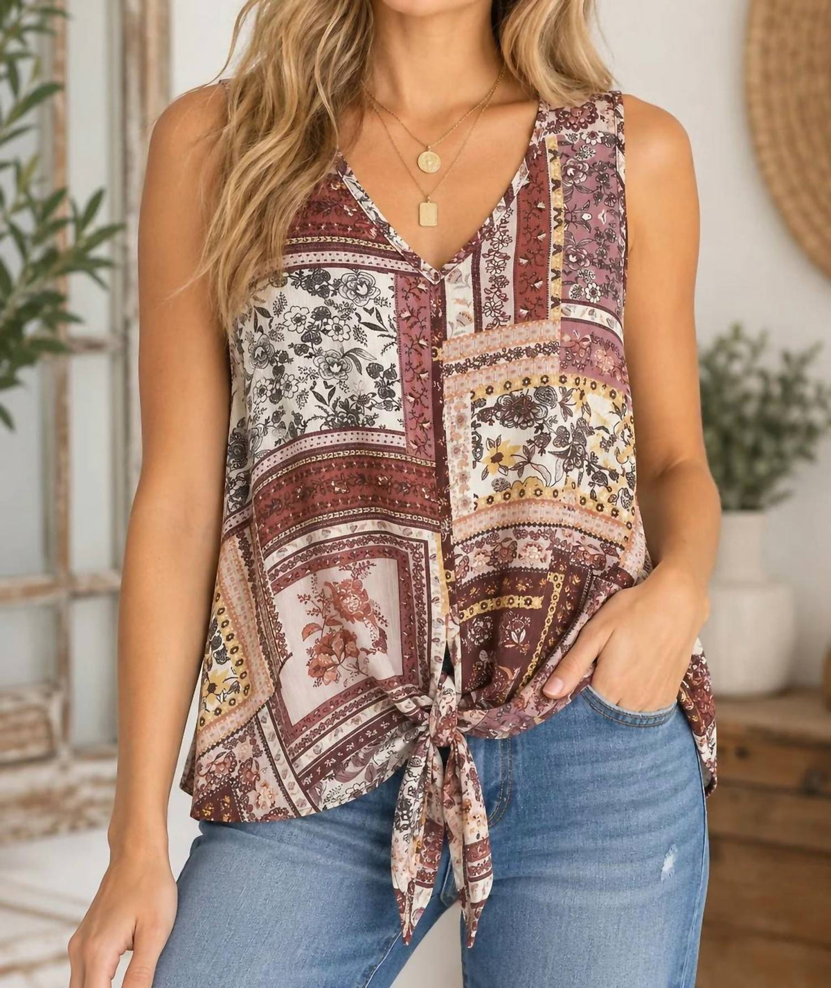Andree By Unit - Boho Patchwork Front Tie Top