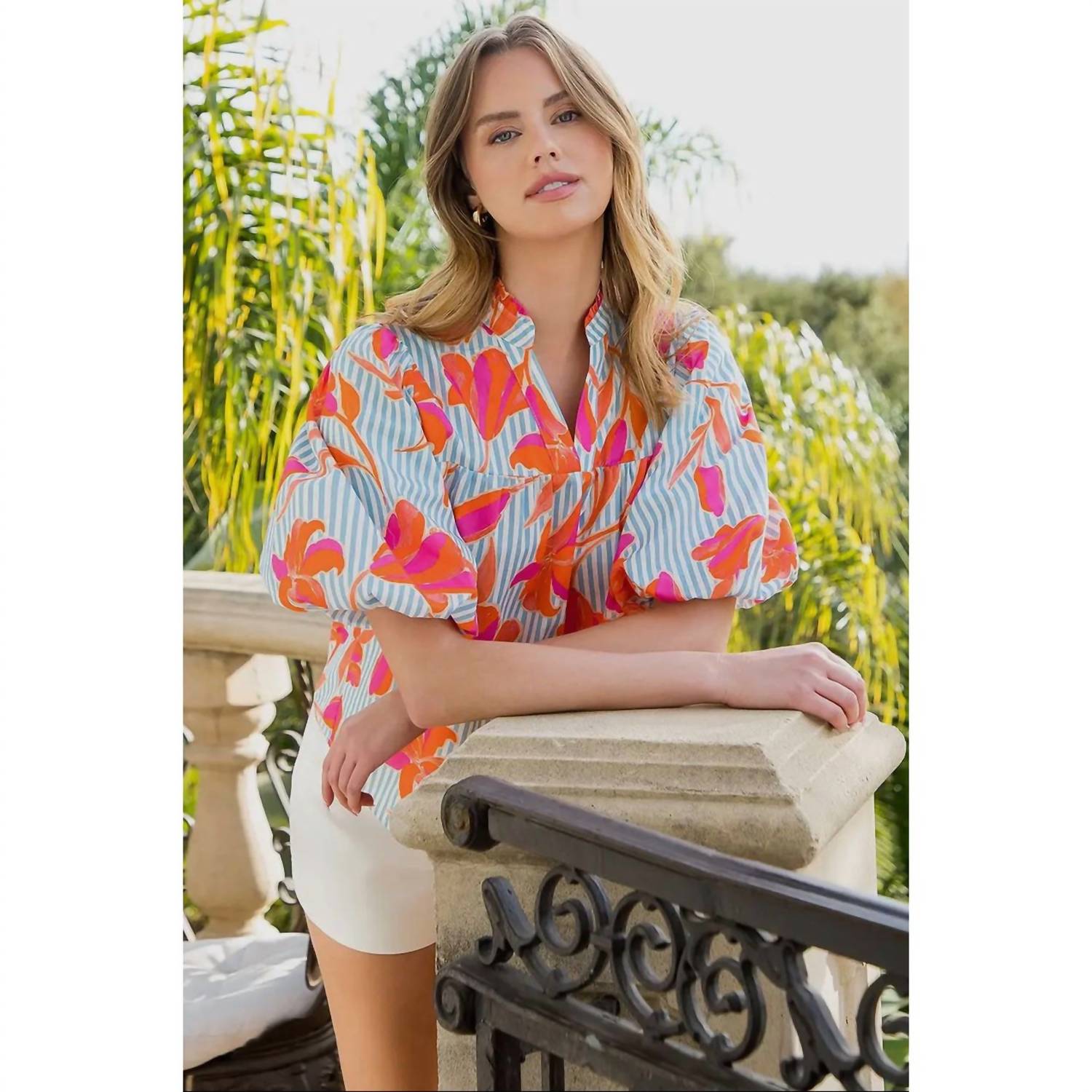 Thml - Striped Floral Puff Sleeve Top