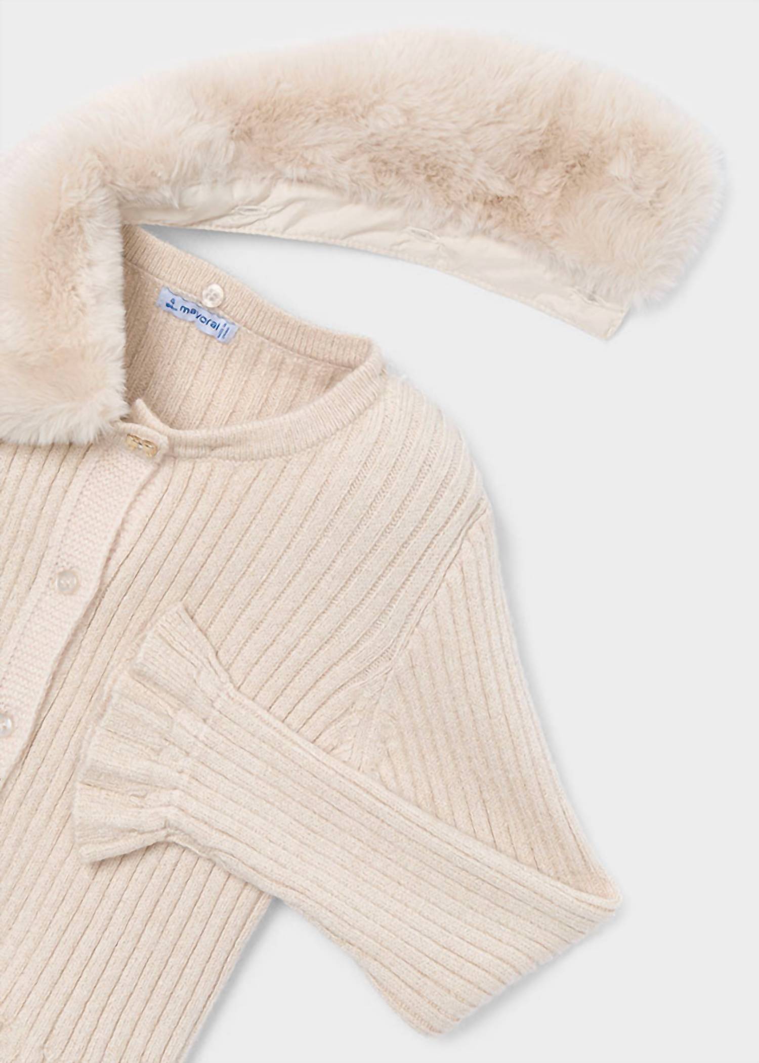 Mayoral - Girl's Ribbed Knit Cardigan With Faux Fur Collar