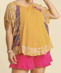 umgee Mixed Print Short Sleeve Top in goldenrod - women's blouse