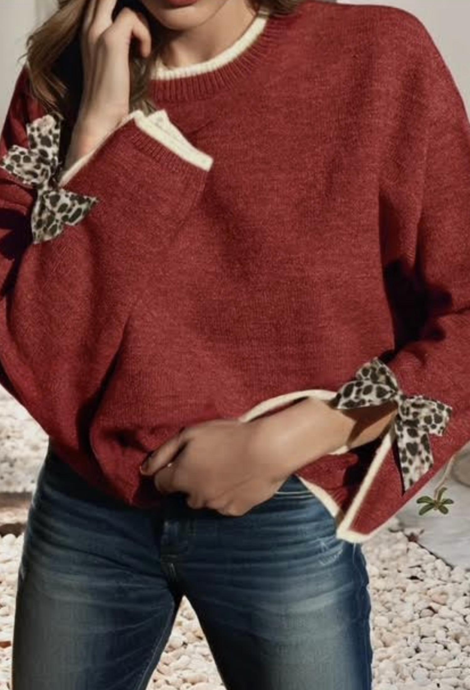 Little Daisy Closet - Women's Leopard Bow Décor Split Cut Sweater