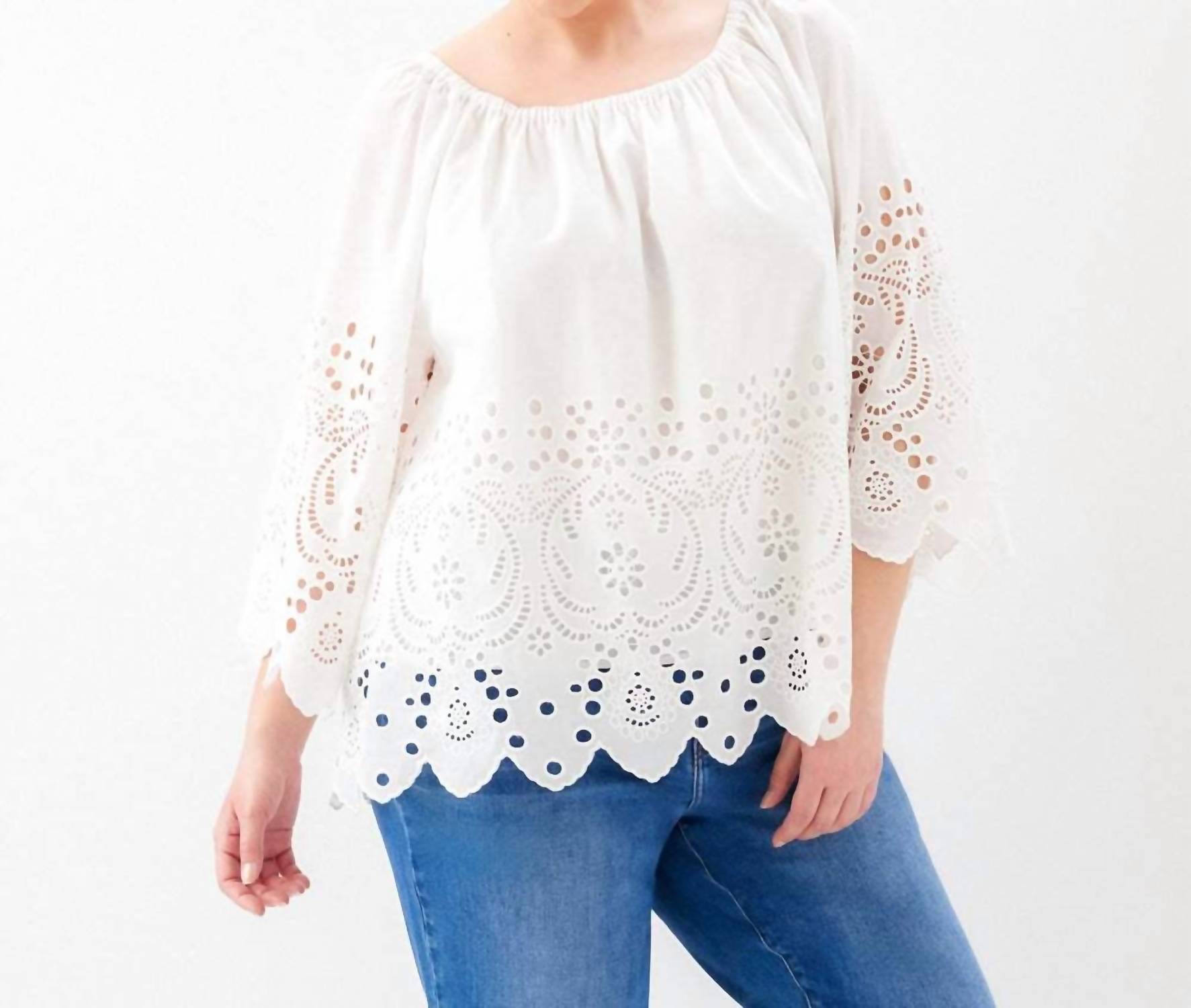 Karen Kane - Cutout Embroidery Flare Sleeve Peasant Top - Plus
