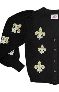 Sparkle City Women's Fleur De Lis Puff Cardigan in black - women's cardigan - detail view