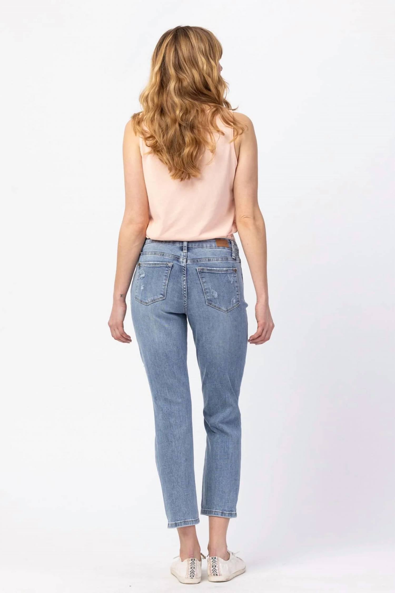 Judy Blue Distressed Boyfriend Fit Jeans in medium blue - women's jeans - view 4