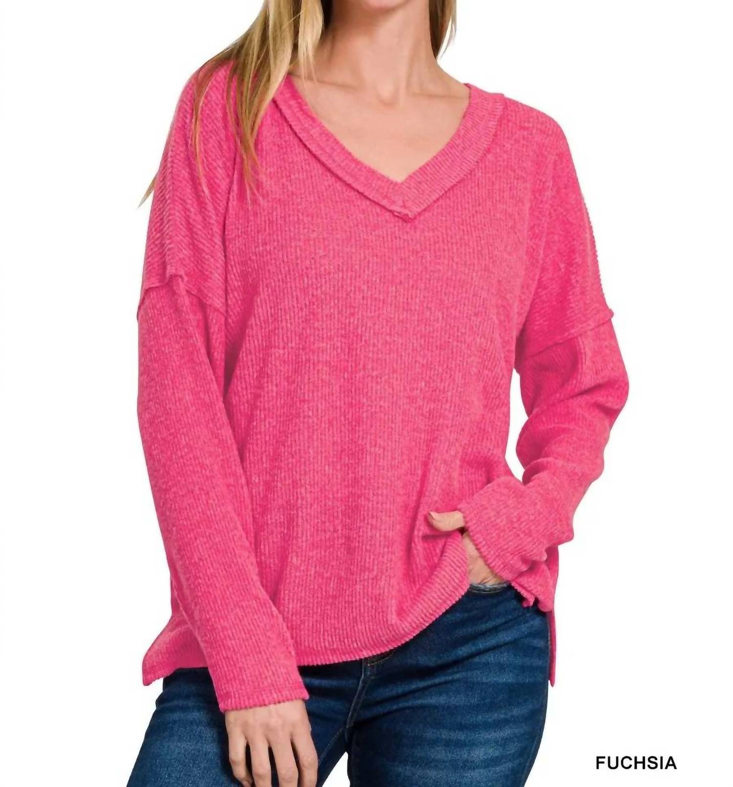 42Pops - Ribbed V Neck Drop Shoulder Sweater