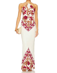 ROCOCO SAND Bias Halter Maxi Dress in ivory burgundy - women's dress