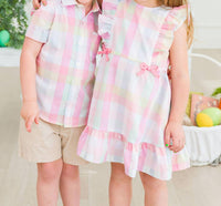 Rufflebutts - Girls Picnic Plaid Pinafore Bow Dress