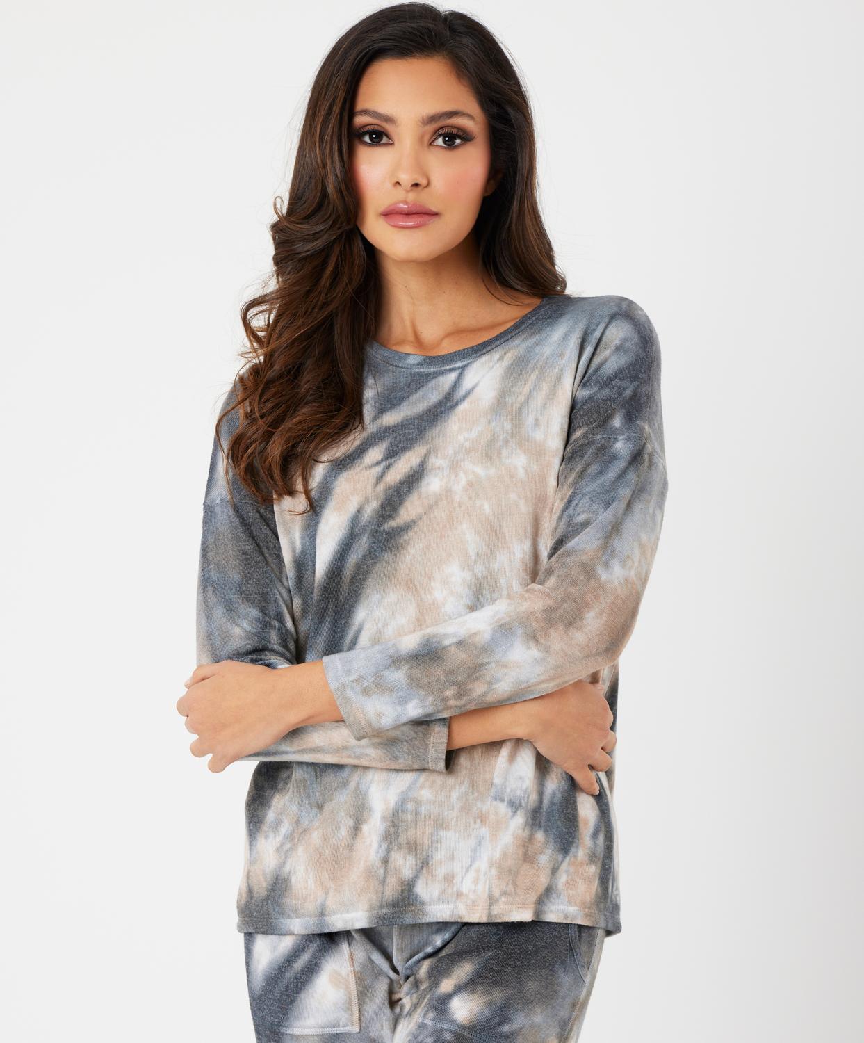 French Kyss - Marble Wash Long Sleeve Scoop Neck Top