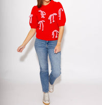 English Factory Braided Ribbon Bow Knit Top in red - women's t-shirt