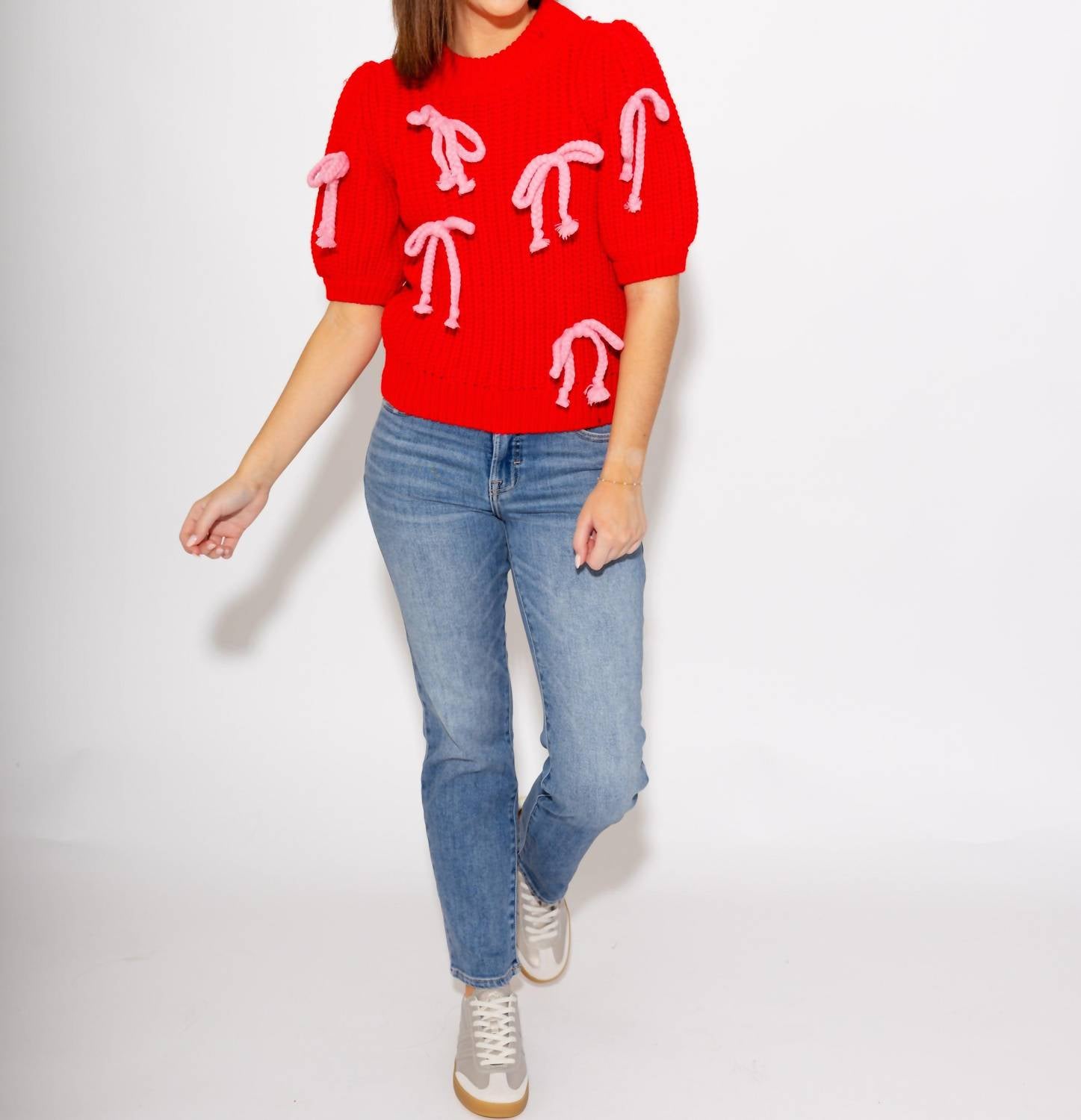 English Factory Braided Ribbon Bow Knit Top in red - women's t-shirt