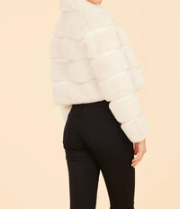 DOLCE CABO Paneled Faux Fur Vegan Leather Cropped Jacket in ivory - women's jacket - detail view