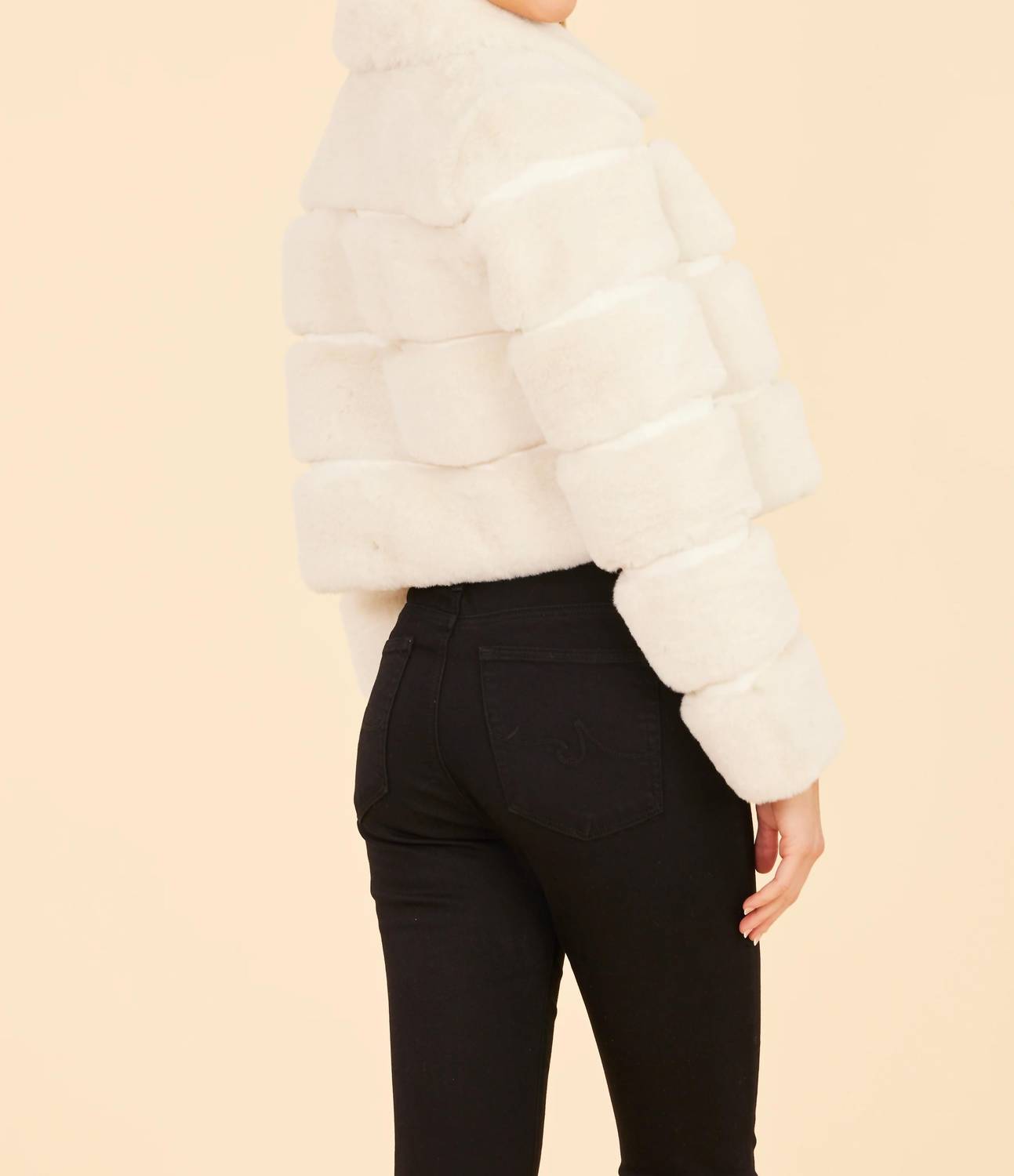 DOLCE CABO Paneled Faux Fur Vegan Leather Cropped Jacket in ivory - women's jacket - detail view